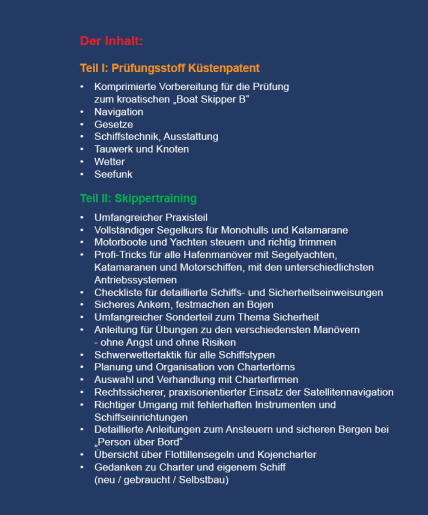 (Rudi Czaak) Kroatisches Küstenpatent und Skippertraining - Inhaltsverzeichnis